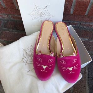 Charlotte Olympia Velvet Kitty Mule Slippers
